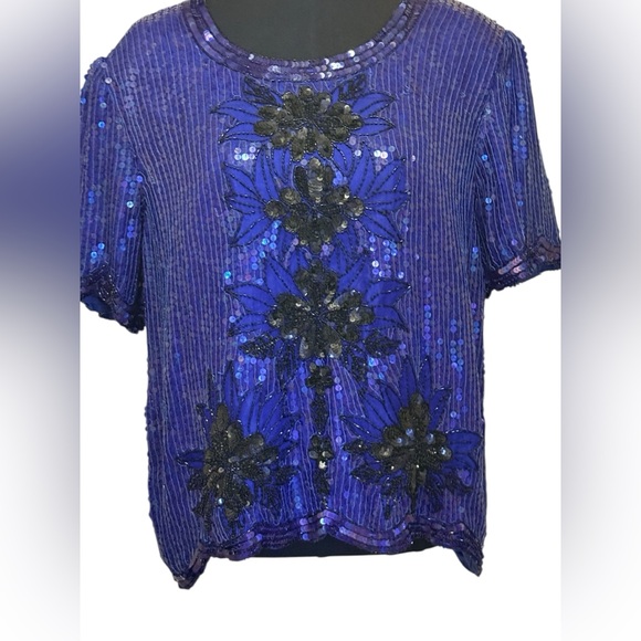 Royal Feelings Tops - Royal Feelings Blue Hand Beaded Sequin Embellished Silk Top